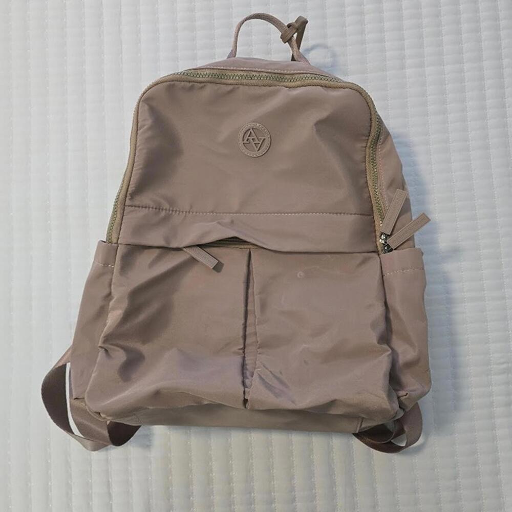Adrienne Vittadini Backpack Laptop Bag – Beige Satiny Fabric with Luggage Tag